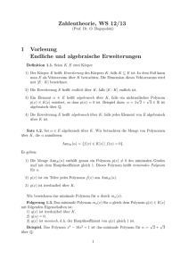 Zahlentheorie, WS 12/13 1 Vorlesung Endliche und algebraische