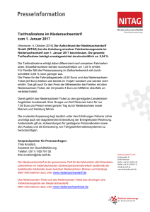Tarifmaßnahme im Niedersachsentarif zum 1. Januar 2017