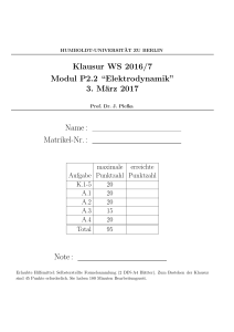 Klausur WS 2016/7 Modul P2.2 “Elektrodynamik” 3. März 2017