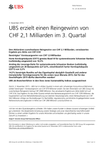 UBS erzielt einen Reingewinn von CHF 2,1 Milliarden im 3. Quartal