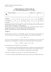 Prüfungsklausur Mathematik II für Wirtschaftsingenieure, 15.7.2014