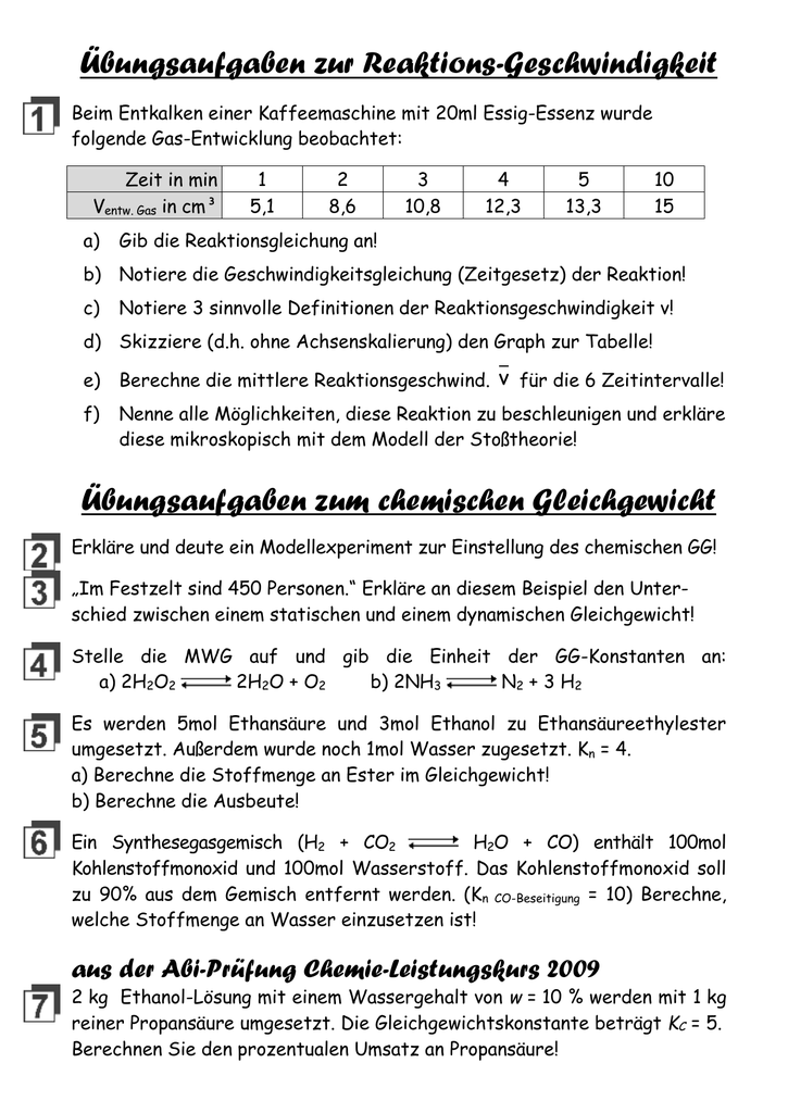 Ubungsaufgabe Zur Reaktions Geschwindigkeit