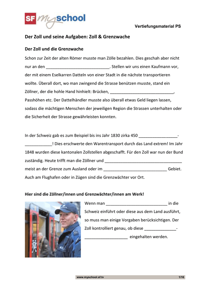 Der Zoll Und Seine Aufgaben Vertiefungsmaterial Ps