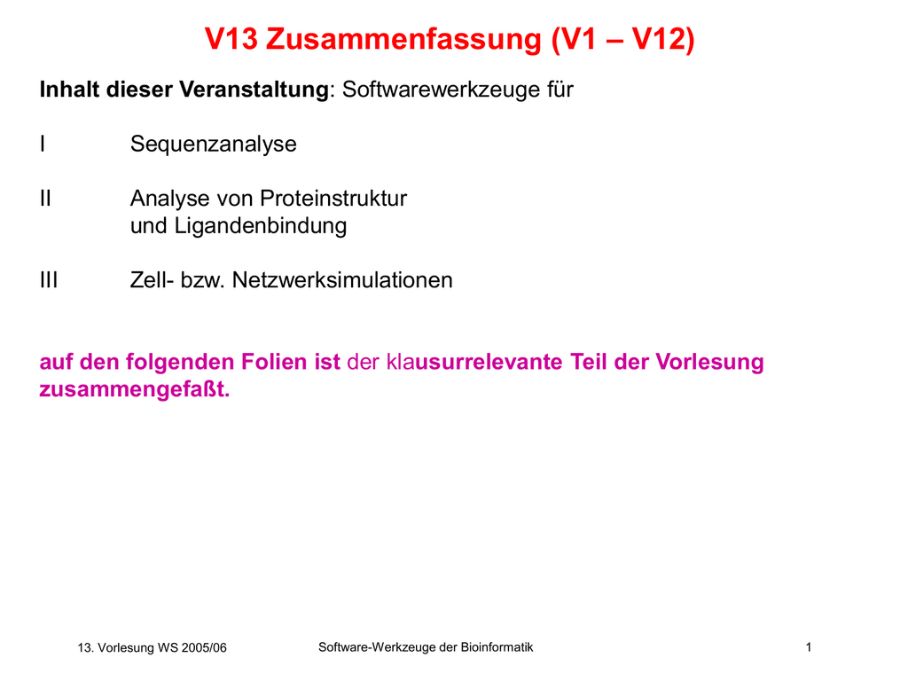 Sw V13 Zusammenfassu Chair Of Computational Biology