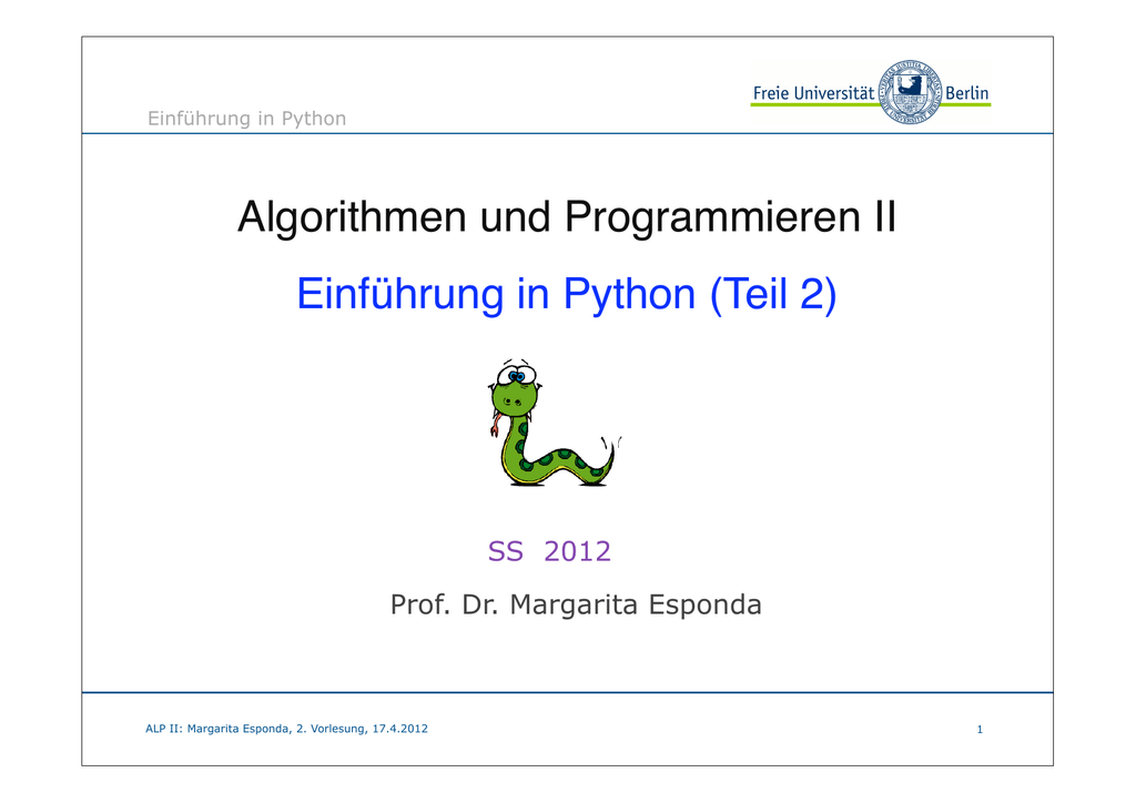 Algorithmen Und Programmieren Ii Einführung In Python Teil 2 - 