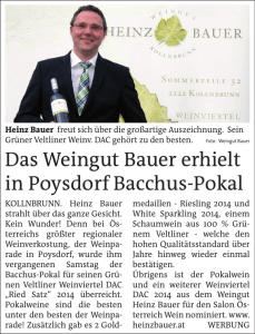 Das Weingut Bauer erhielt in Poysdorf Bacchus