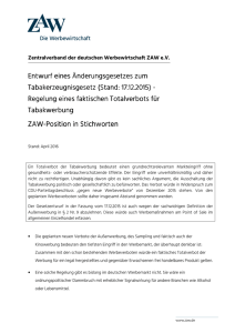 Zusammenfassung der ZAW-Position zum Tabakänderungsgesetz