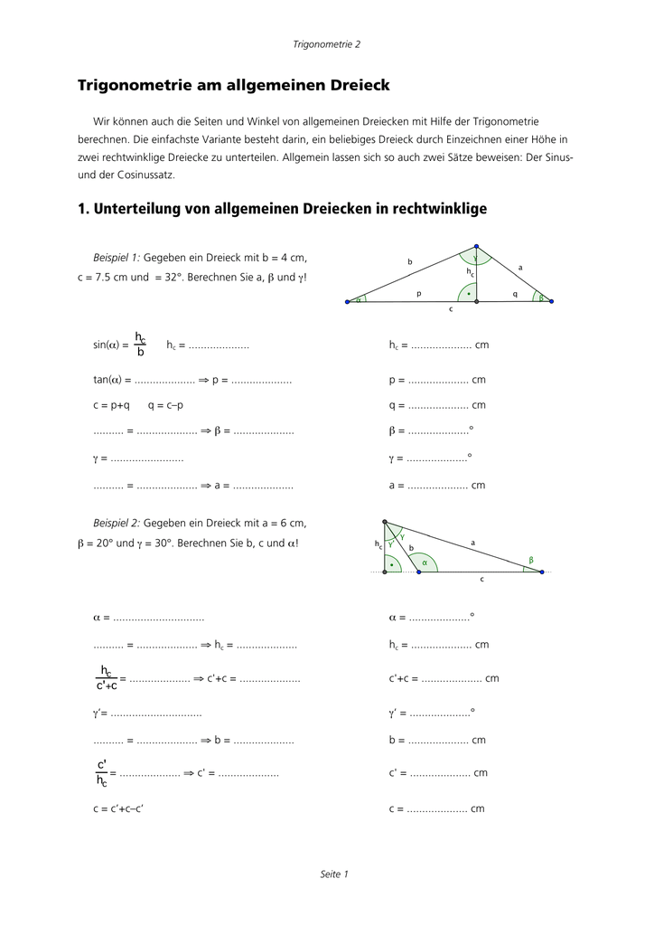 Trigonometrie am allgemeinen Dreieck