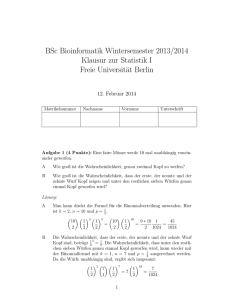 BSc Bioinformatik Wintersemester 2013/2014 Klausur zur Statistik I