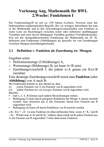 Vorlesung Ang. Mathematik für BWL 2.Woche: Funktionen I