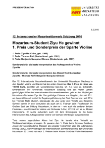 Mozarteum-Student Ziyu He gewinnt 1. Preis und