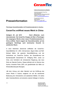 CeramTec eröffnet neues Werk in China