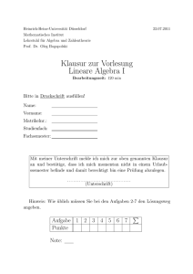 Klausur zur Vorlesung Lineare Algebra I - Mathematik