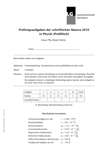 Prüfungsaufgaben der schriftlichen Matura 2010 in Physik (Profilfach)