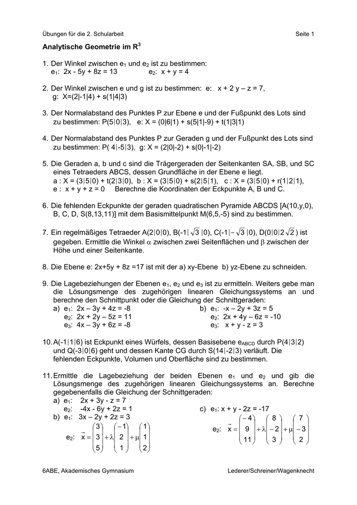 Analytische Geometrie Im R3 1 Der Winkel Zwischen E1 Und E2 Ist