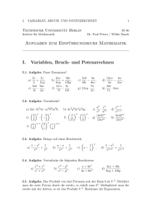 Aufgaben zum Einführungskurs Mathematik I. Variablen, Bruch