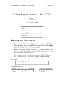 Klausur: Programmierkurs 1, Java, HTML