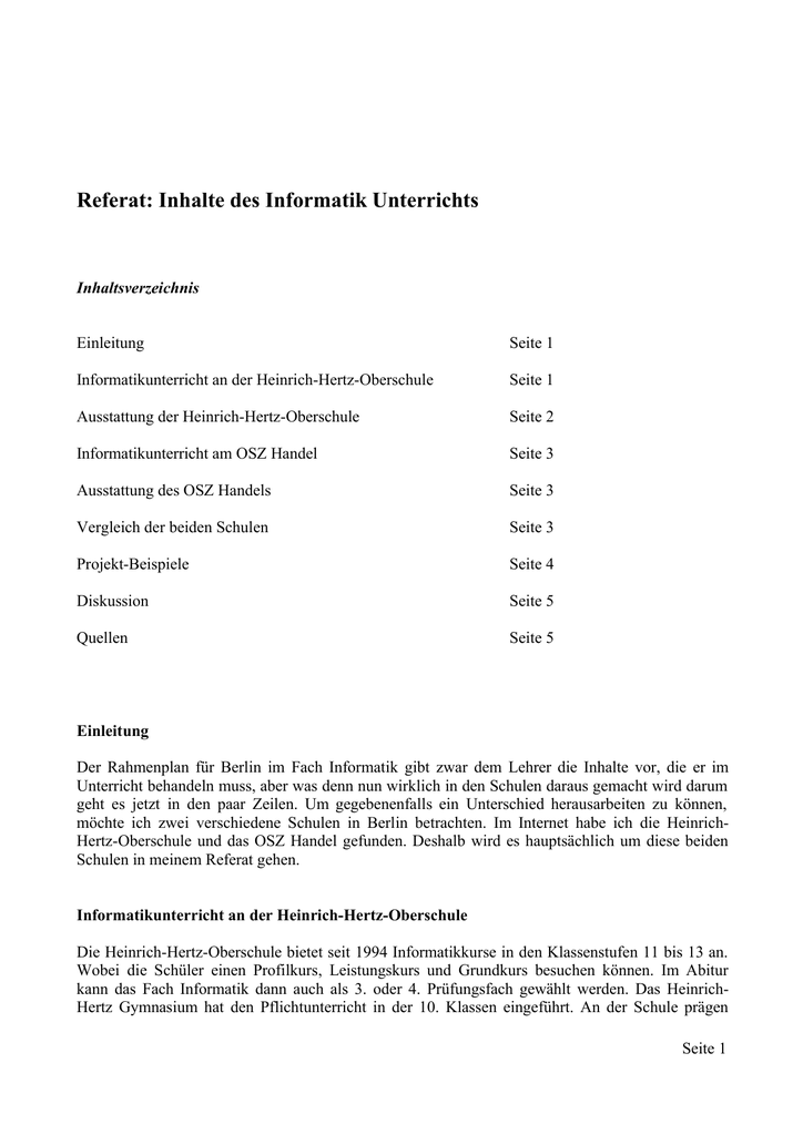 Referat Inhalte Des Informatik Unterrichts