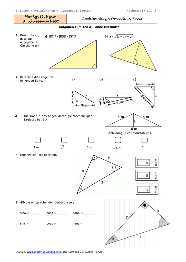 Merkzettel zur 3. Klassenarbeit Rechtwinklige Dreiecke