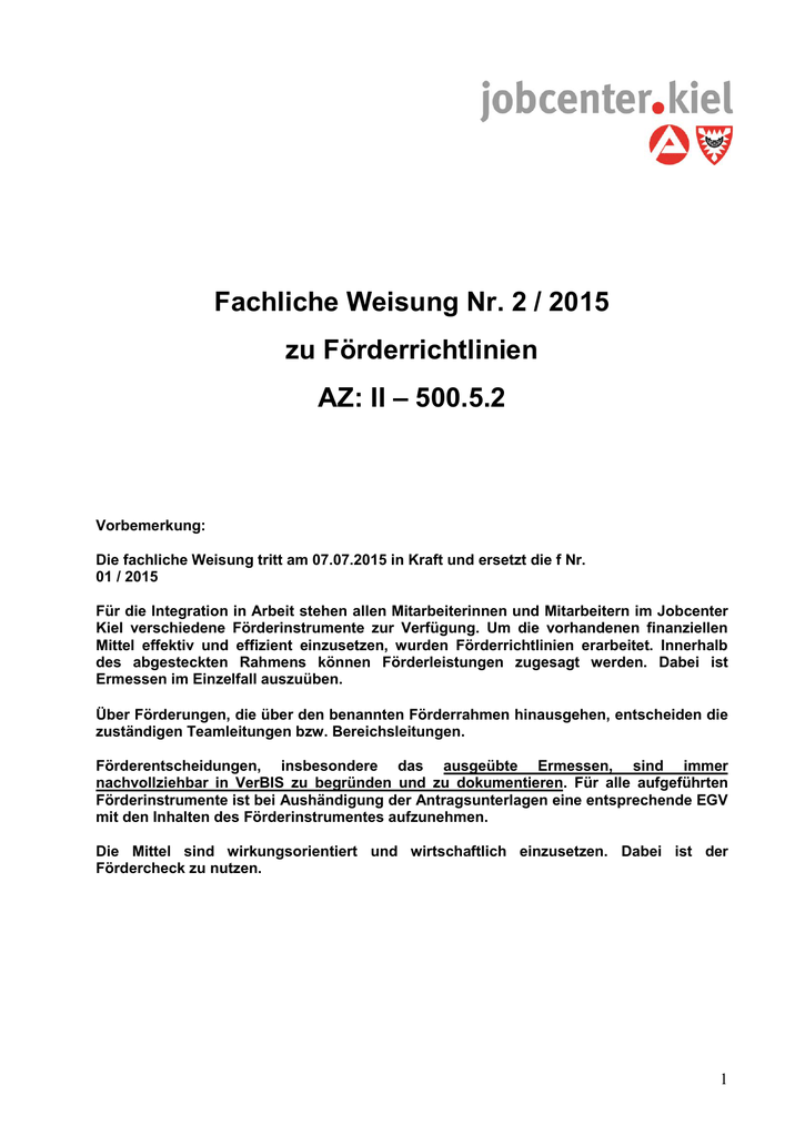 Fachliche Weisung Nr 2 2015 Zu Forderrichtlinien Az Ii 500 5 2