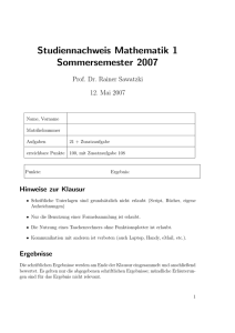 Studiennachweis Mathematik 1 Sommersemester 2007