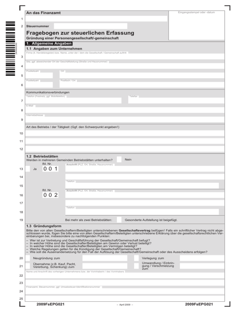 Fragebogen Zur Steuerlichen Erfassung