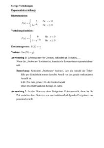 Stetige Verteilungen Exponentialverteilung: Dichtefunktion f(x) = { 0