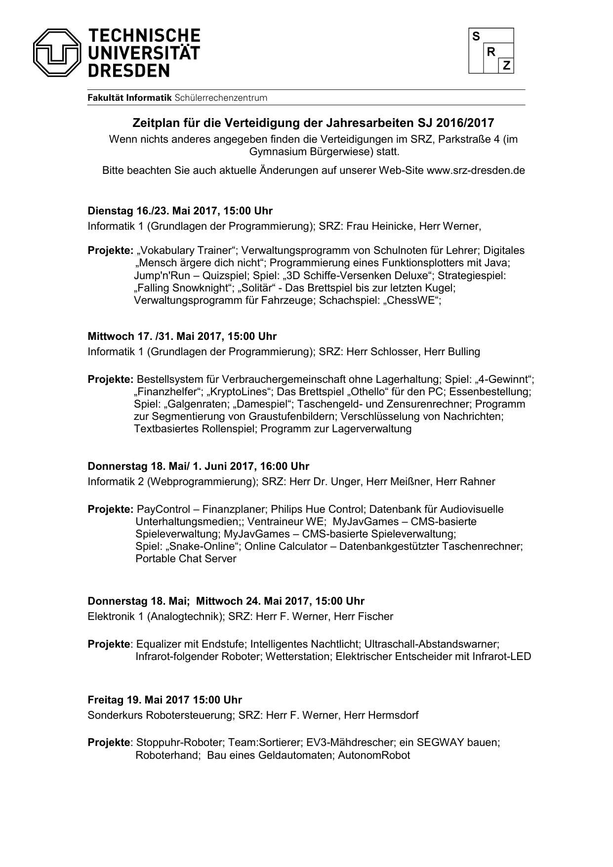 Zeitplan Für Die Verteidigung Der Jahresarbeiten Sj 20162017