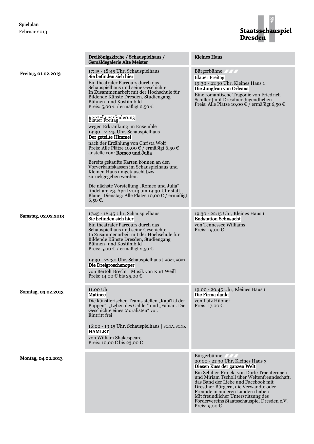 Spielplan Februar 2013 Schauspielhaus Frauenkirche