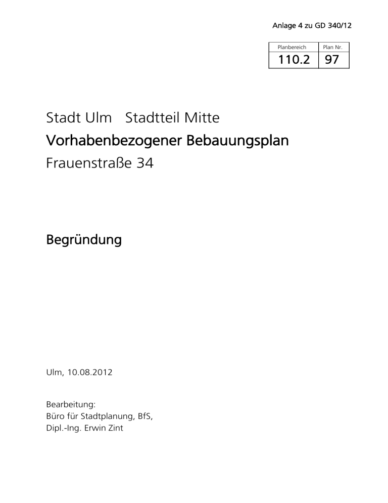 Stadt Ulm Stadtteil Mitte Vorhabenbezogener Bebauungsplan