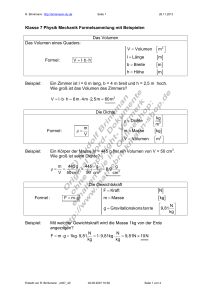 Klasse 7 Physik Mechanik Formelsammlung mit