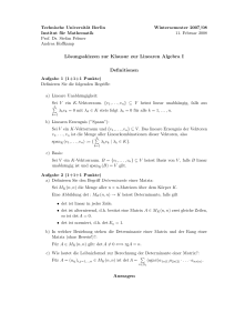 Lösungsskizzen zur Klausur zur Linearen Algebra I Definitionen
