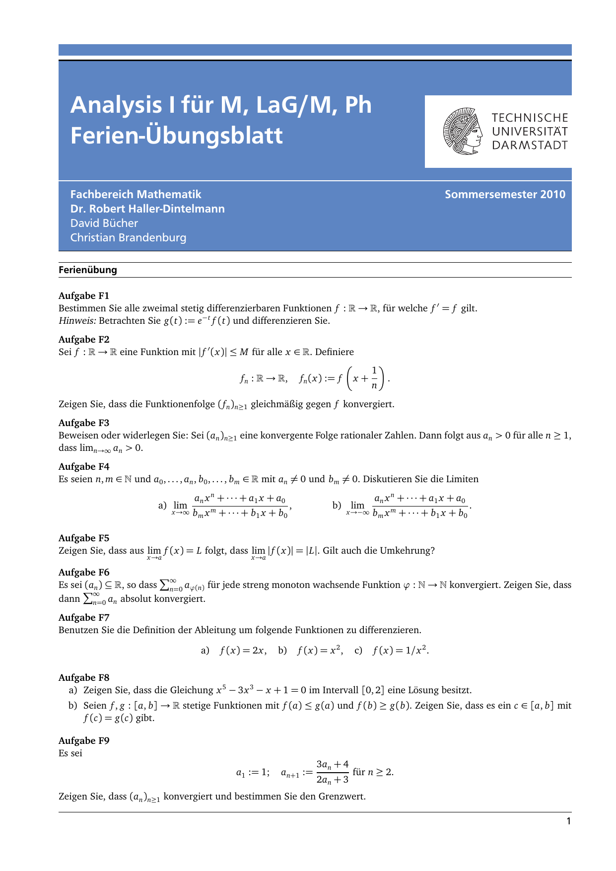 Analysis I Fur M Lag M Ph Ferien Ubungsblatt