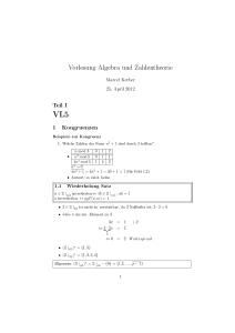 Vorlesung Algebra und Zahlentheorie Teil I 1 Kongruenzen