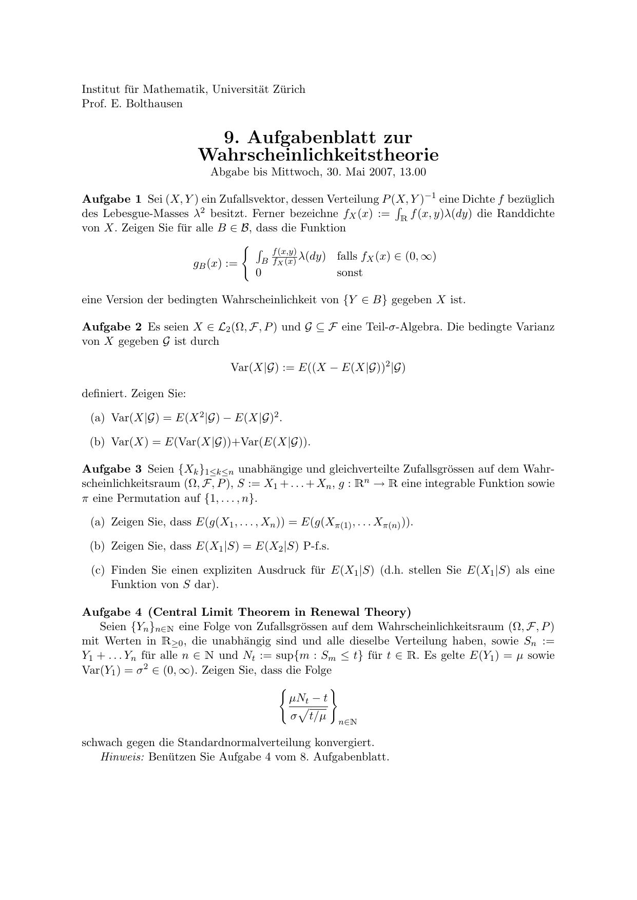 9 Aufgabenblatt Zur Wahrscheinlichkeitstheorie