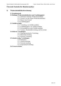 Übersicht Statistik für Bioinformatiker I) Wahrscheinlichkeitsrechnung