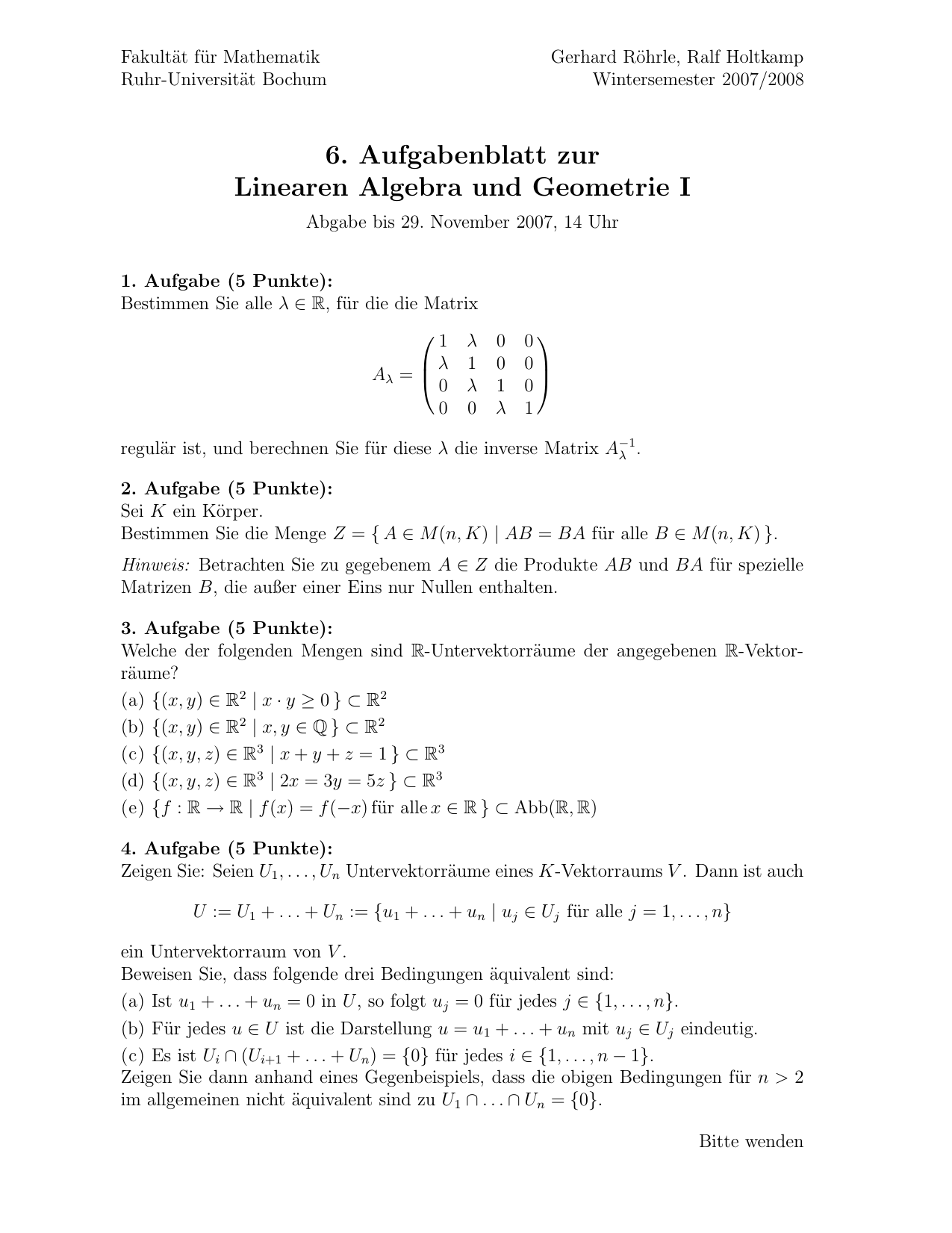 6 Aufgabenblatt Zur Linearen Algebra Und Geometrie I