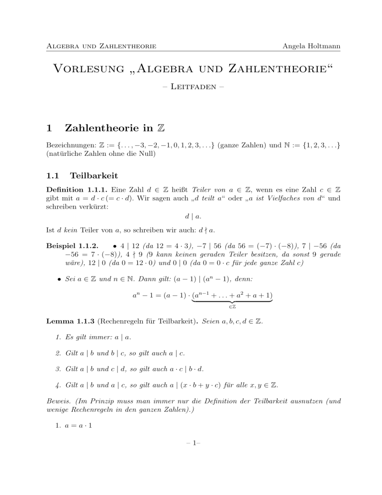 Vorlesung ” Algebra Und Zahlentheorie“