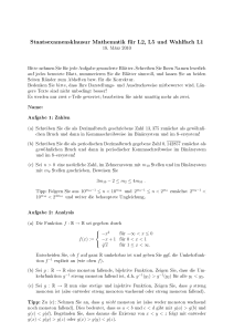 Staatsexamensklausur Mathematik für L2, L5 und Wahlfach L1