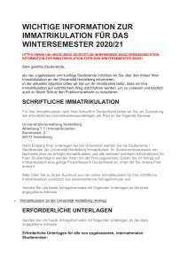 WICHTIGE INFORMATION ZUR IMMATRIKULATION FÜR DAS WINTERSEMESTER 2020 737 140920 1708